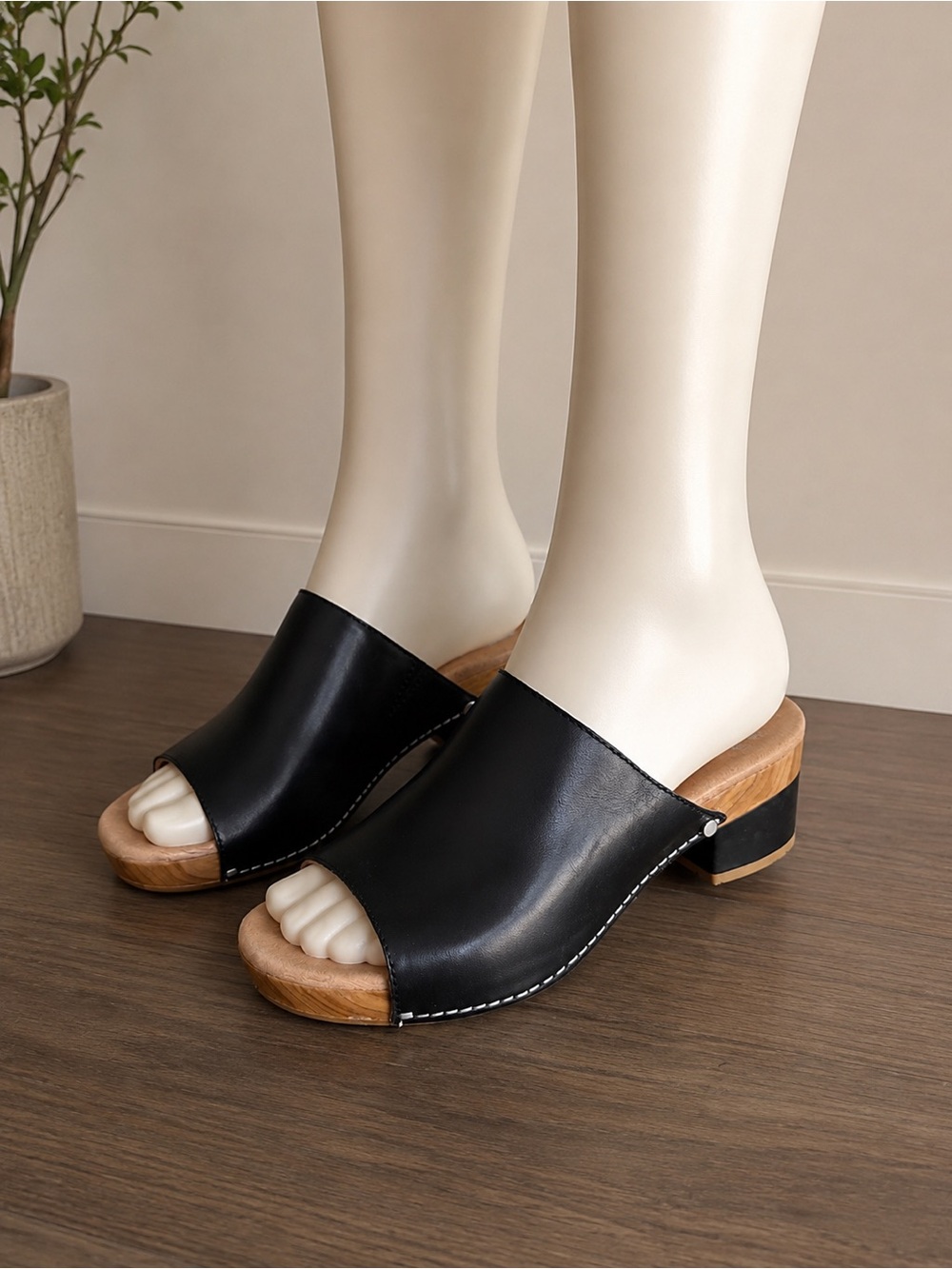 Dansko Black Leather Open-Toe Clog Mules